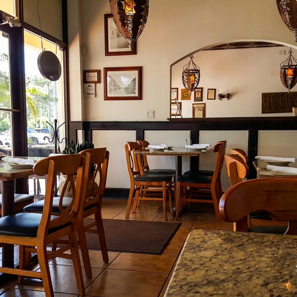 Bright, warmly decorated restaurant dining room with wooden tables, upholstered chairs, hanging lanterns, and framed artwork.