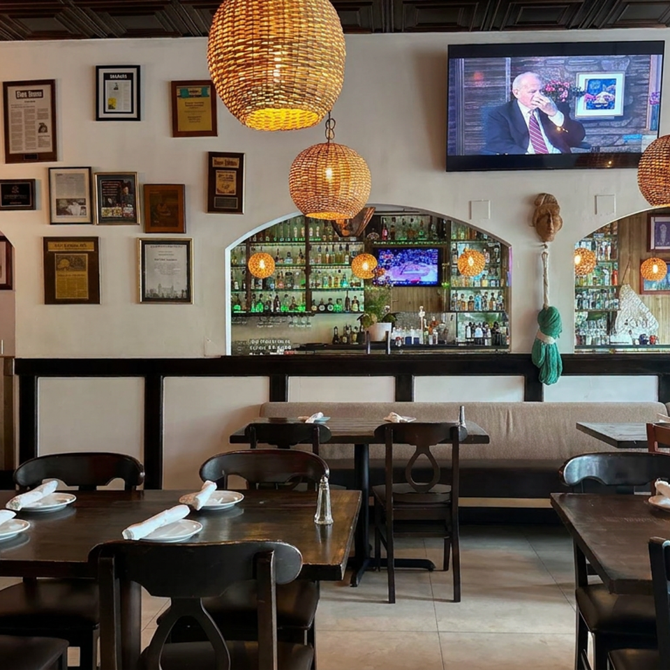 Warmly lit restaurant dining room with set tables, wicker pendant lights, framed wall displays, and a mirrored bar.
