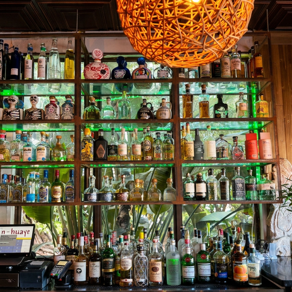 Rustic wooden bar featuring shelves of colorful liquor bottles, green lighting, a woven pendant lamp, and a checkout counter.